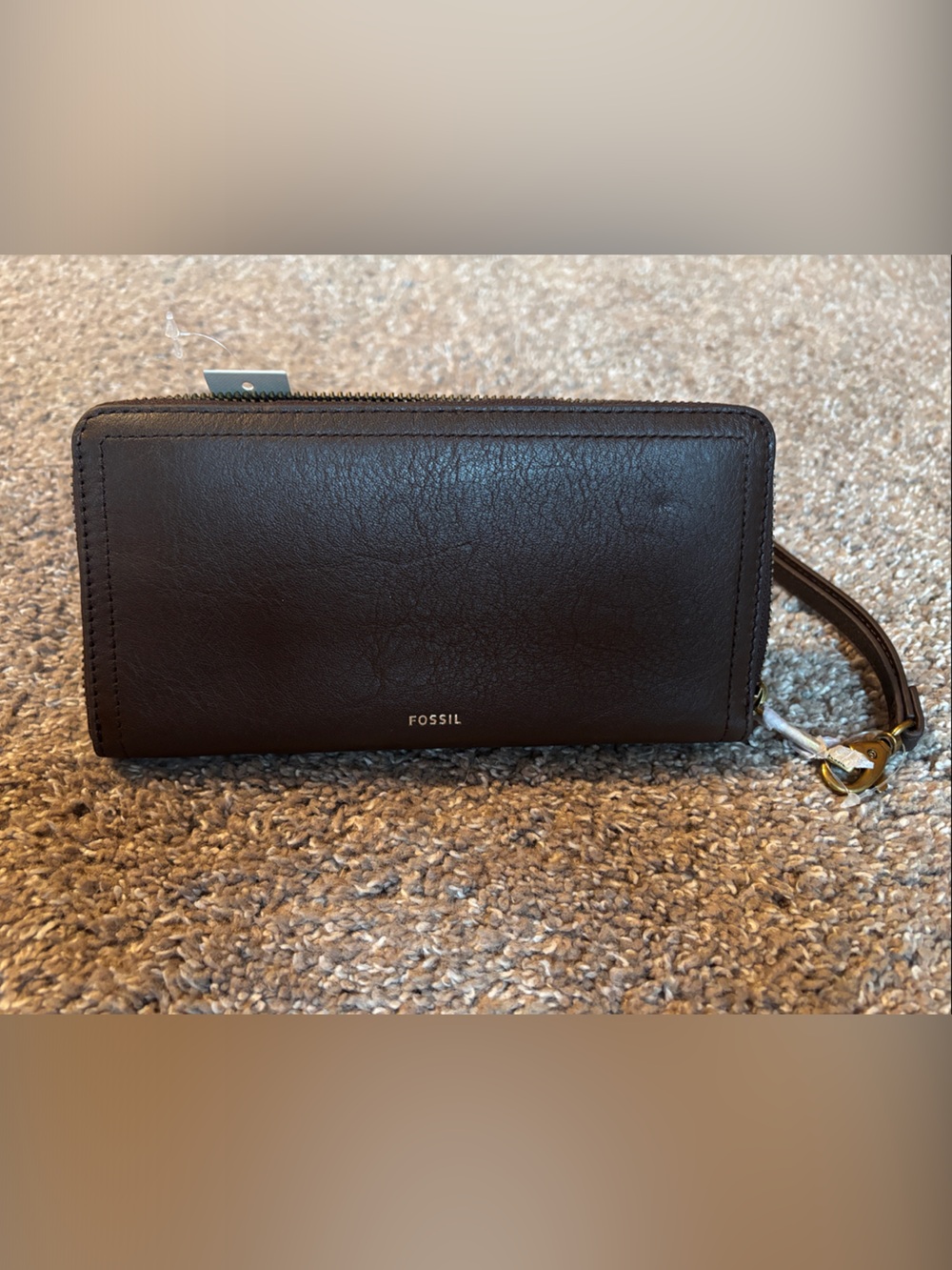 Fossil Espresso Leather Logan Wristlet Wallet with Strap